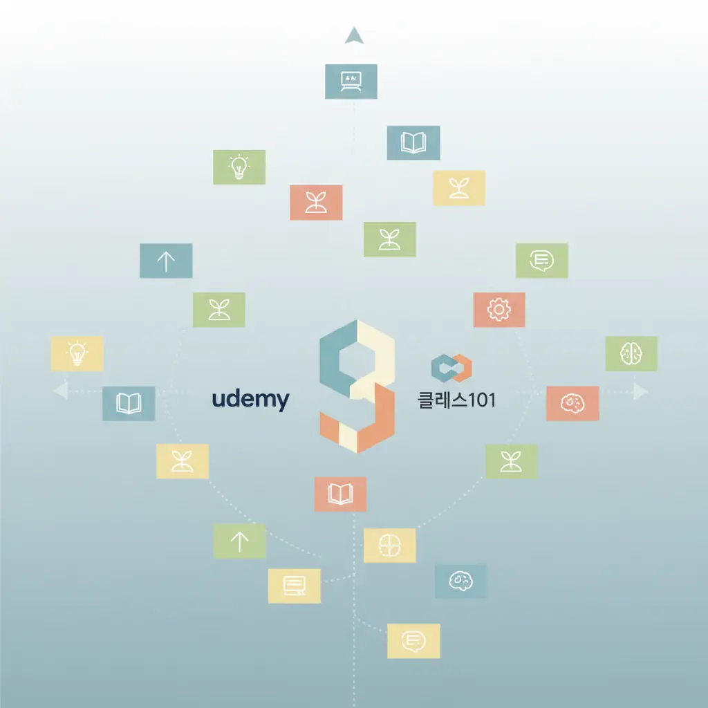 여러 온라인 플랫폼의 로고들 - Udemy, Coursera, 클래스101, 수많은 강의 썸네일