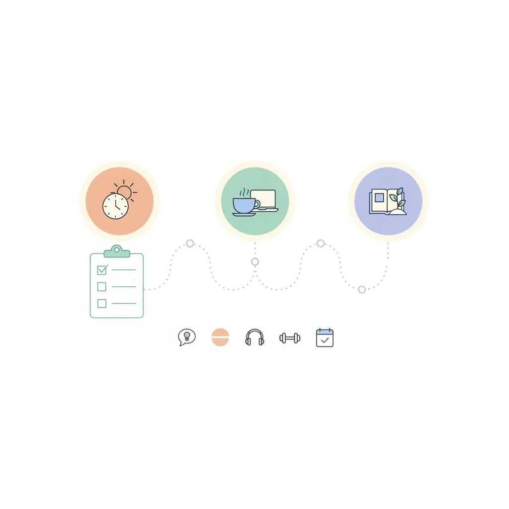 아침 루틴 타임라인, 체크리스트, 각종 활동 아이콘들