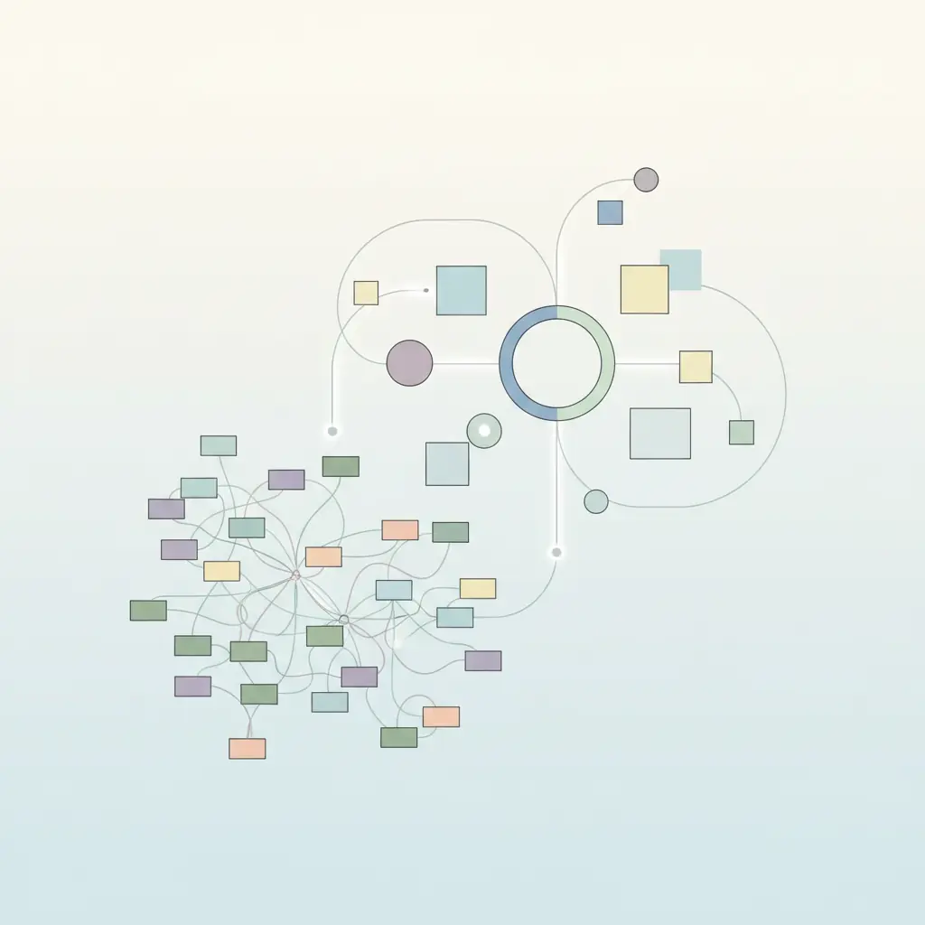 여러 PKM 시스템 도표, Zettelkasten 다이어그램, 복잡한 노트 연결 구조